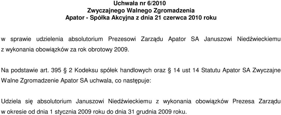 395 2 Kodeksu spółek handlowych oraz 14 ust 14 Statutu Apator SA Zwyczajne Walne Zgromadzenie Apator SA uchwala,