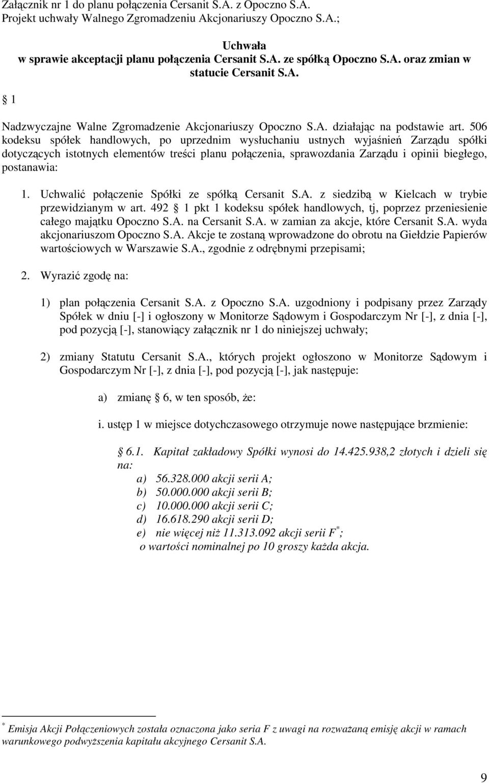 506 kodeksu spółek handlowych, po uprzednim wysłuchaniu ustnych wyjaśnień Zarządu spółki dotyczących istotnych elementów treści planu połączenia, sprawozdania Zarządu i opinii biegłego, postanawia: 1.