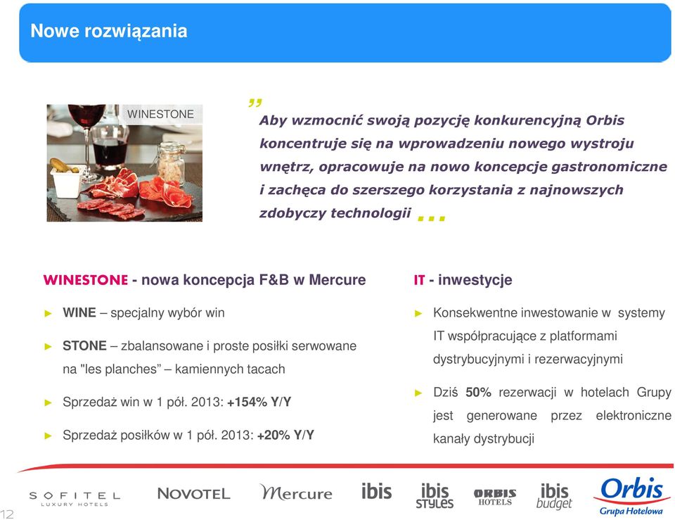 i proste posiłki serwowane na "les planches kamiennych tacach Sprzedaż win w 1 pół. 2013: +154% Y/Y Sprzedaż posiłków w 1 pół.