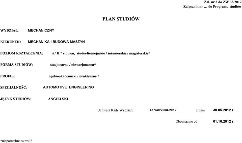 stacjnarna / niestacjnarna* PROFIL: gólnakademicki / praktyczny * SPECJALNOŚĆ: AUTOMOTIVE ENGINEERING JĘZYK