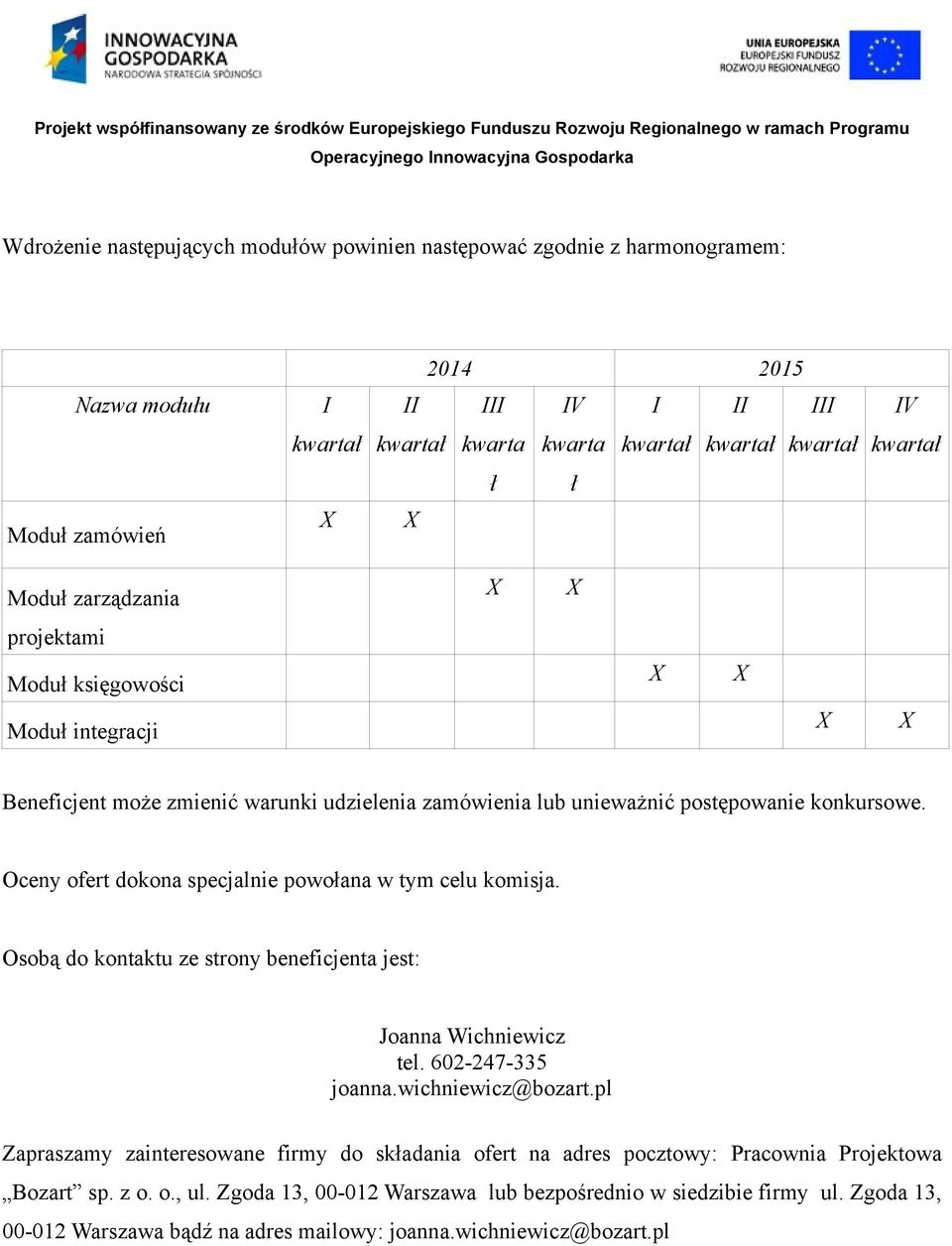 Oceny ofert dokona specjalnie powołana w tym celu komisja. Osobą do kontaktu ze strony beneficjenta jest: Joanna Wichniewicz tel. 602-247-335 joanna.wichniewicz@bozart.