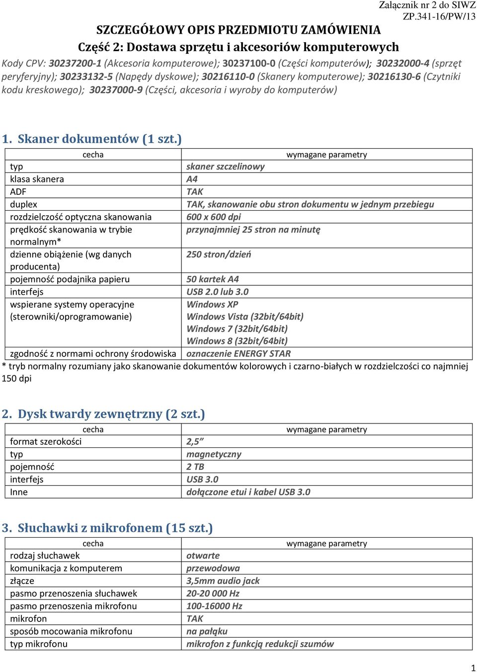 (sprzęt peryferyjny); 30233132-5 (Napędy dyskowe); 30216110-0 (Skanery komputerowe); 30216130-6 (Czytniki kodu kreskowego); 30237000-9 (Części, akcesoria i wyroby do komputerów) 1.