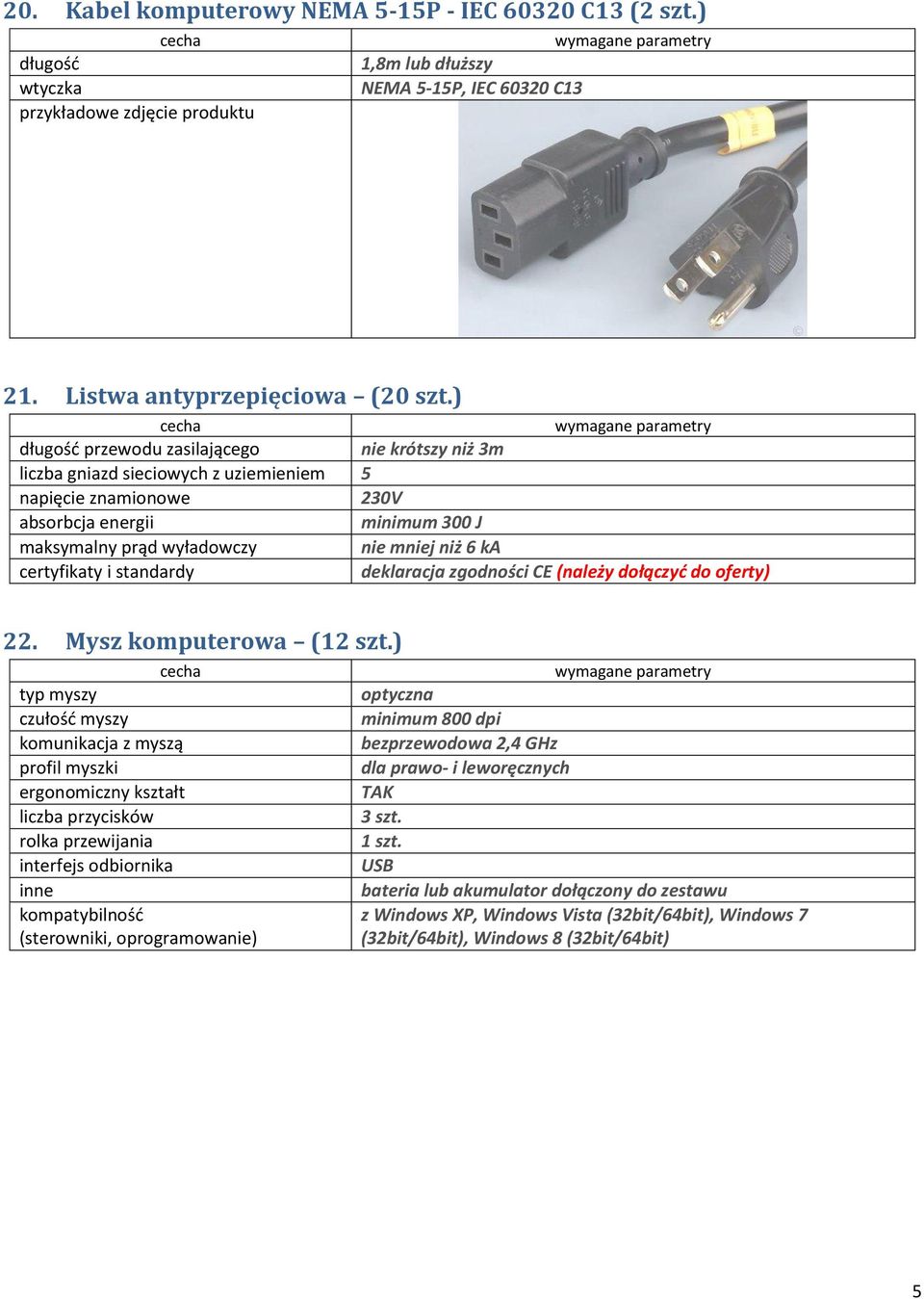i standardy deklaracja zgodności CE (należy dołączyć do oferty) 22. Mysz komputerowa (12 szt.