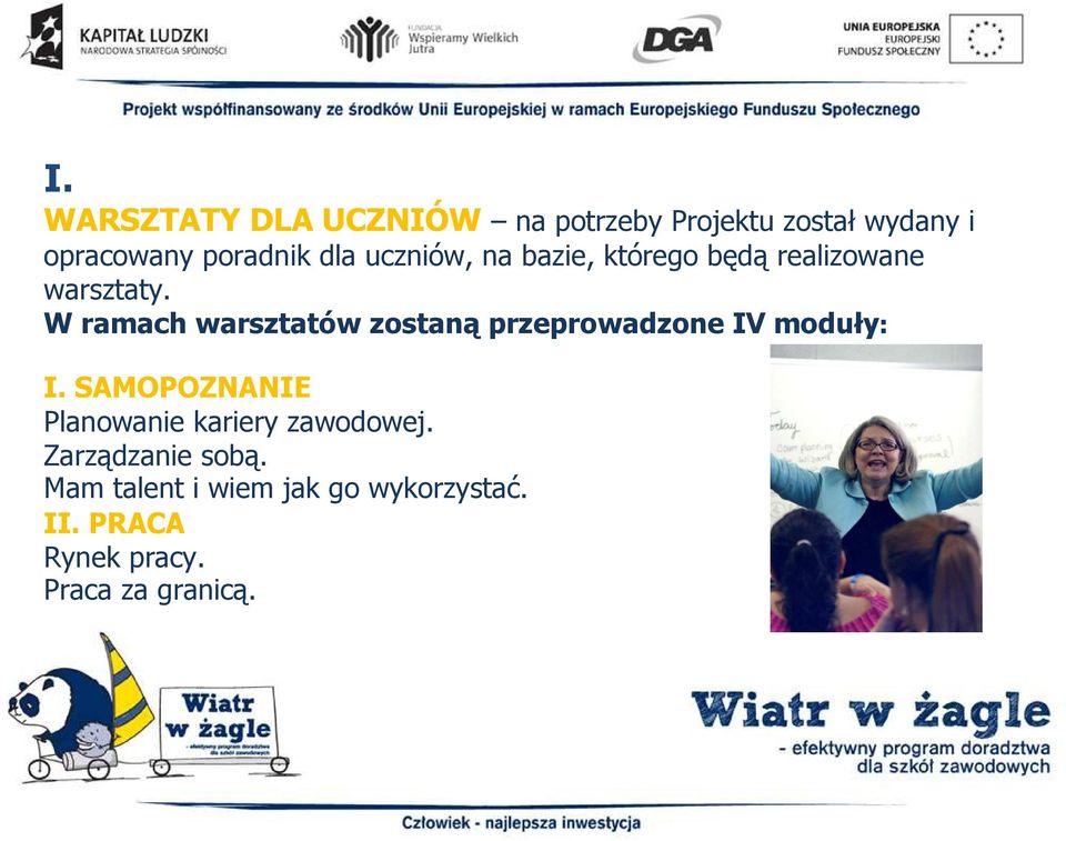 W ramach warsztatów zostaną przeprowadzone IV moduły: I.