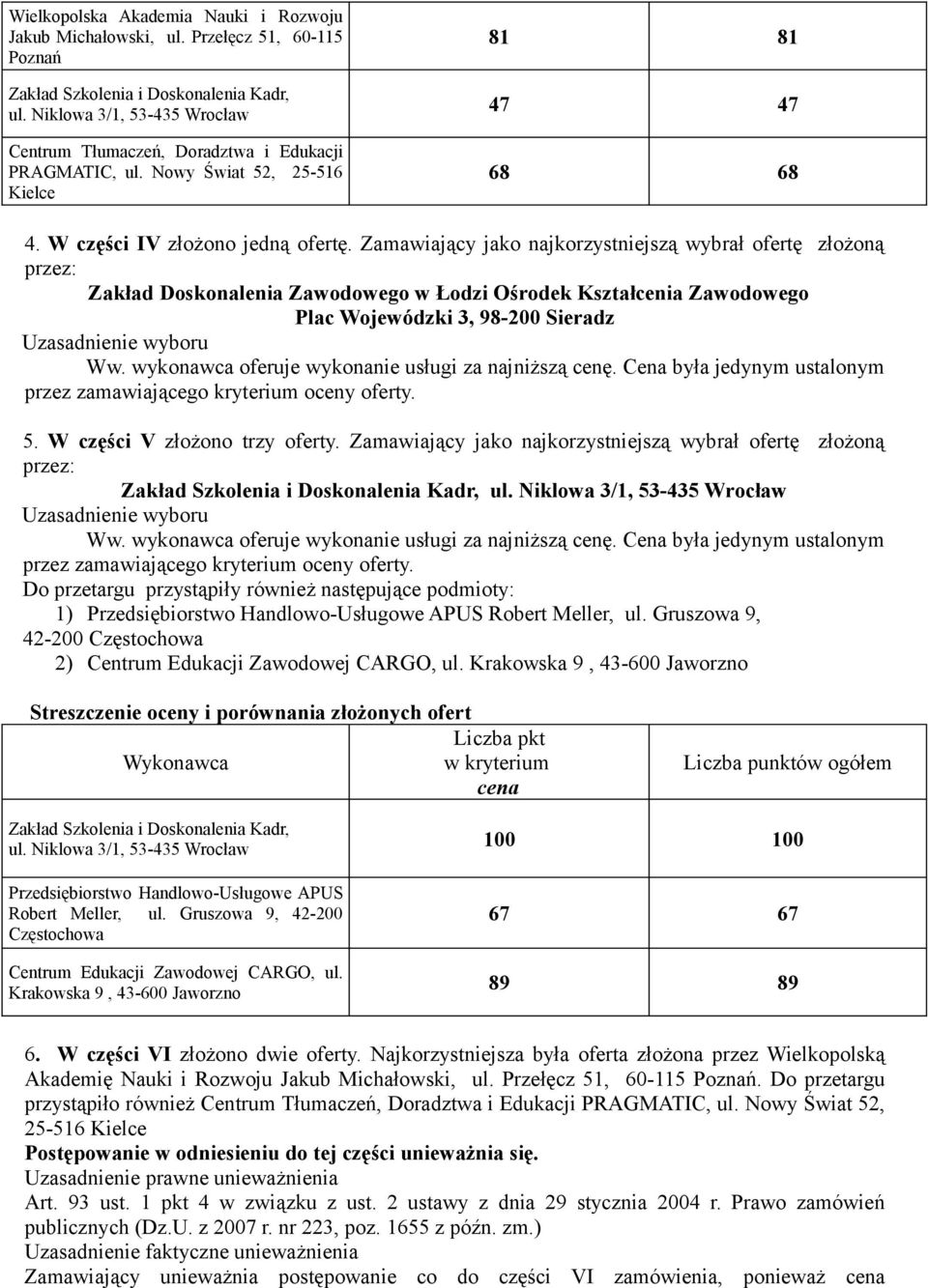 Niklowa 3/1, 53-435 Wrocław 1) Przedsiębiorstwo Handlowo-Usługowe APUS Robert Meller, ul. Gruszowa 9, 42-200 Częstochowa 2) Centrum Edukacji Zawodowej CARGO, ul.