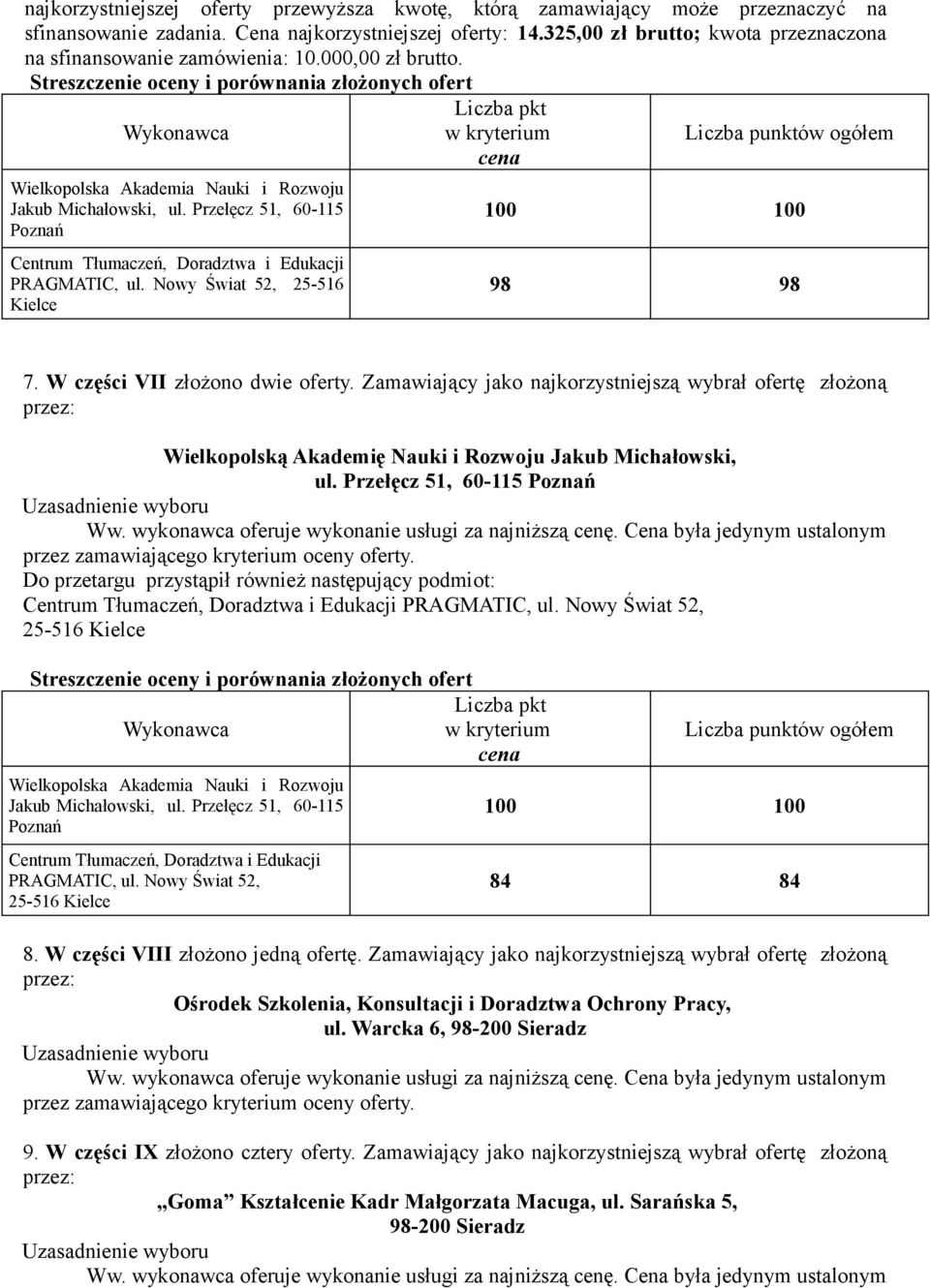 W części VII złożono dwie oferty. Zamawiający jako najkorzystniejszą wybrał ofertę złożoną Wielkopolską Akademię Nauki i Rozwoju Jakub Michałowski, ul.