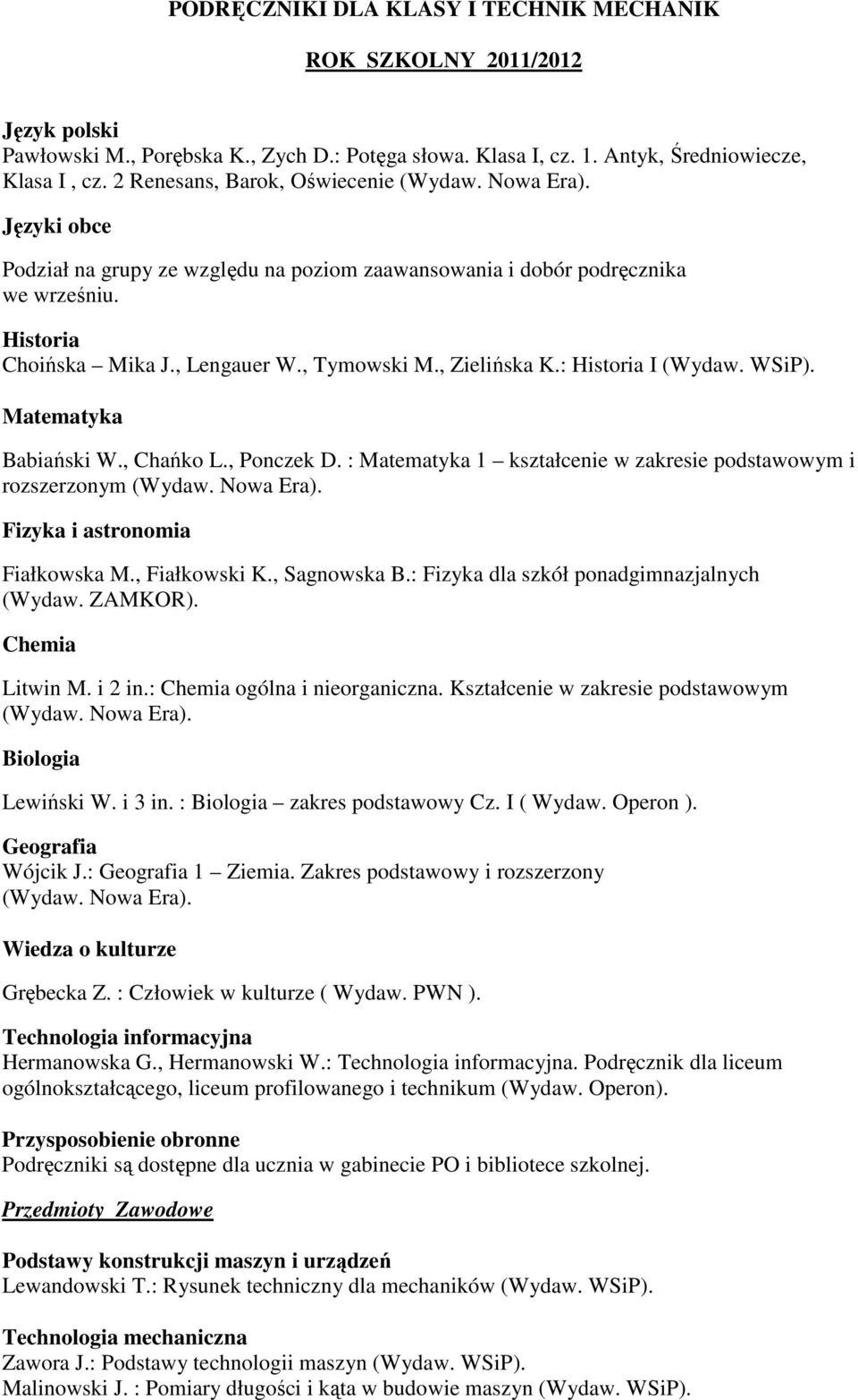 Kształcenie w zakresie podstawowym Lewiński W. i 3 in. : zakres podstawowy Cz. I ( Wydaw. Operon ). Wójcik J.: 1 Ziemia. Zakres podstawowy i rozszerzony Grębecka Z. : Człowiek w kulturze ( Wydaw.