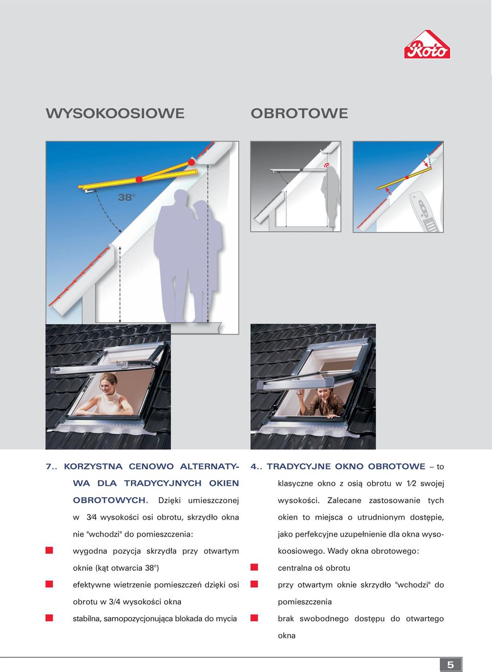 Zalecane zastosowanie tych w 3 4 wysokoêci osi obrotu, skrzydło okna nie "wchodzi" do pomieszczenia: wygodna pozycja skrzyd a przy otwartym oknie (kàt otwarcia 38 ) efektywne