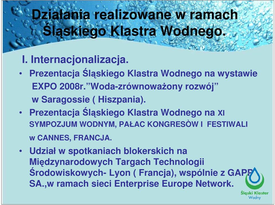 Prezentacja Śląskiego Klastra Wodnego na XI SYMPOZJUM WODNYM, PAŁAC KONGRESÒW I FESTIWALI w CANNES, FRANCJA.