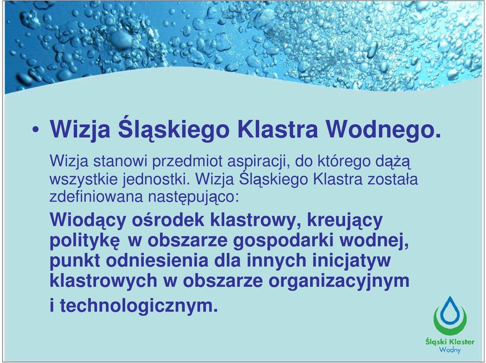 Wizja Śląskiego Klastra została zdefiniowana następująco: Wiodący ośrodek