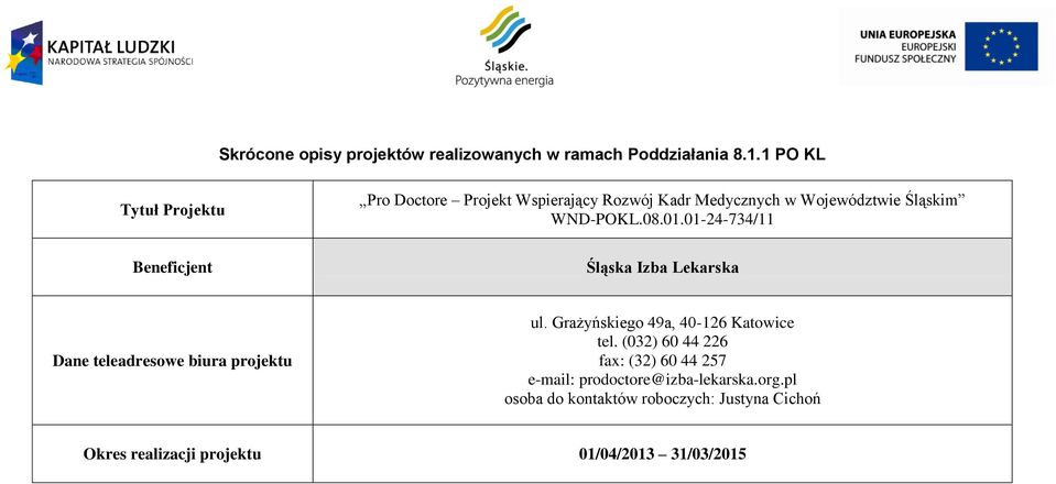 01-24-734/11 Beneficjent Śląska Izba Lekarska Dane teleadresowe biura projektu ul.