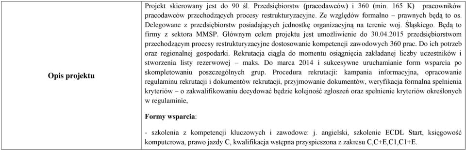 Głównym celem projektu jest umożliwienie do 30.04.2015 przedsiębiorstwom przechodzącym procesy restrukturyzacyjne dostosowanie kompetencji zawodowych 360 prac.