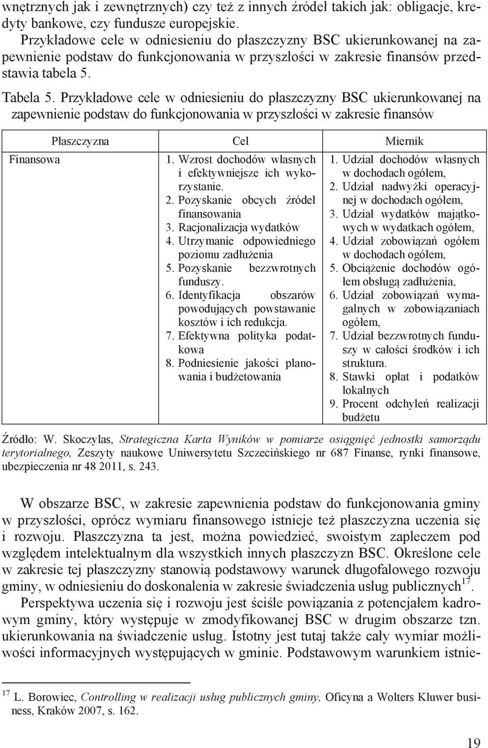 Przykładowe cele w odniesieniu do płaszczyzny BSC ukierunkowanej na zapewnienie podstaw do funkcjonowania w przyszłości w zakresie finansów Finansowa Płaszczyzna Cel Miernik 1.