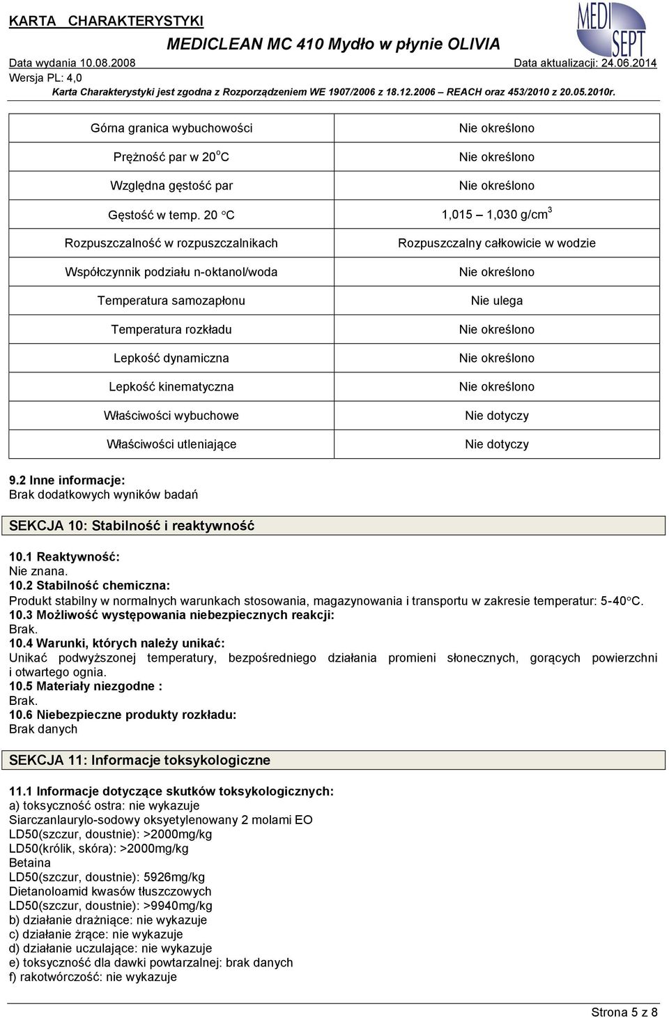 wybuchowe Właściwości utleniające Rozpuszczalny całkowicie w wodzie Nie ulega Nie dotyczy Nie dotyczy 9.2 Inne informacje: Brak dodatkowych wyników badań SEKCJA 10: Stabilność i reaktywność 10.