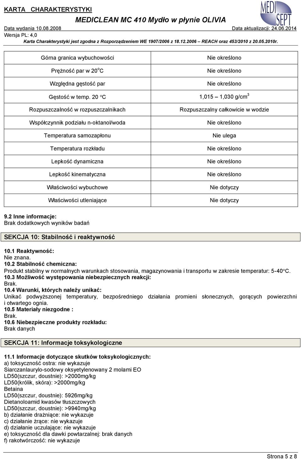 wybuchowe Właściwości utleniające Rozpuszczalny całkowicie w wodzie Nie ulega Nie dotyczy Nie dotyczy 9.2 Inne informacje: Brak dodatkowych wyników badań SEKCJA 10: Stabilność i reaktywność 10.