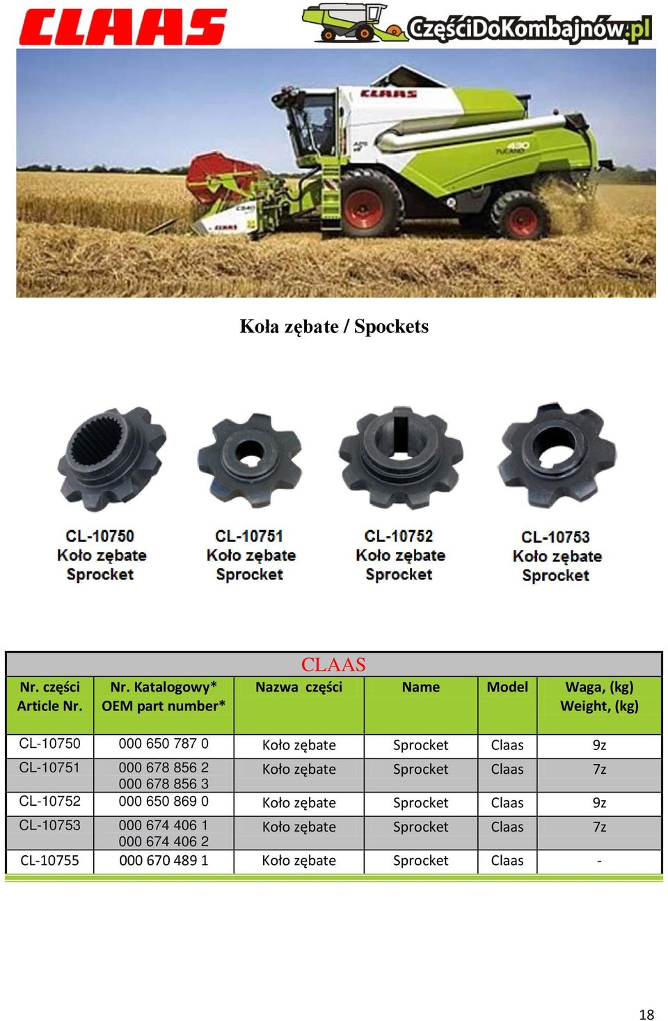 Sprocket Claas 7z 000 678 856 3 CL-10752 000 650 869 0 Koło zębate Sprocket Claas 9z CL-10753 000 674