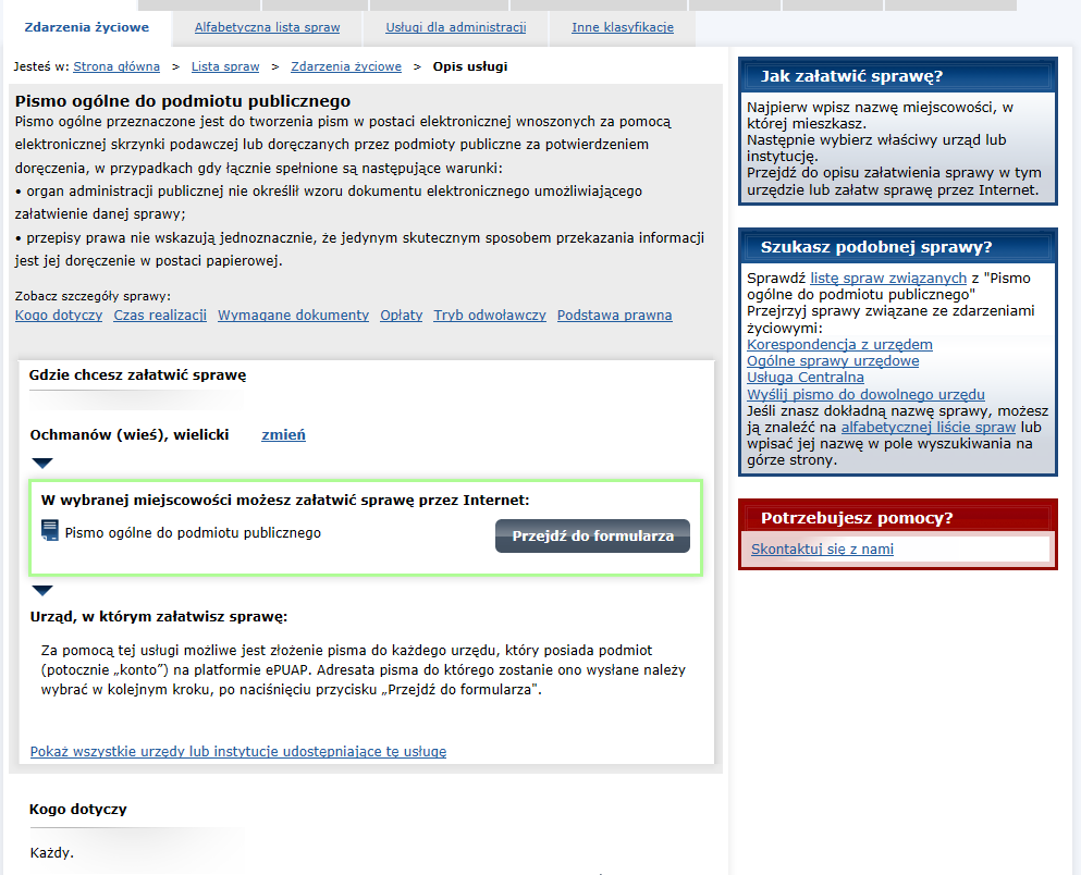 Następnie należy wejść w link pismo ogólne do podmiotu publicznego Po