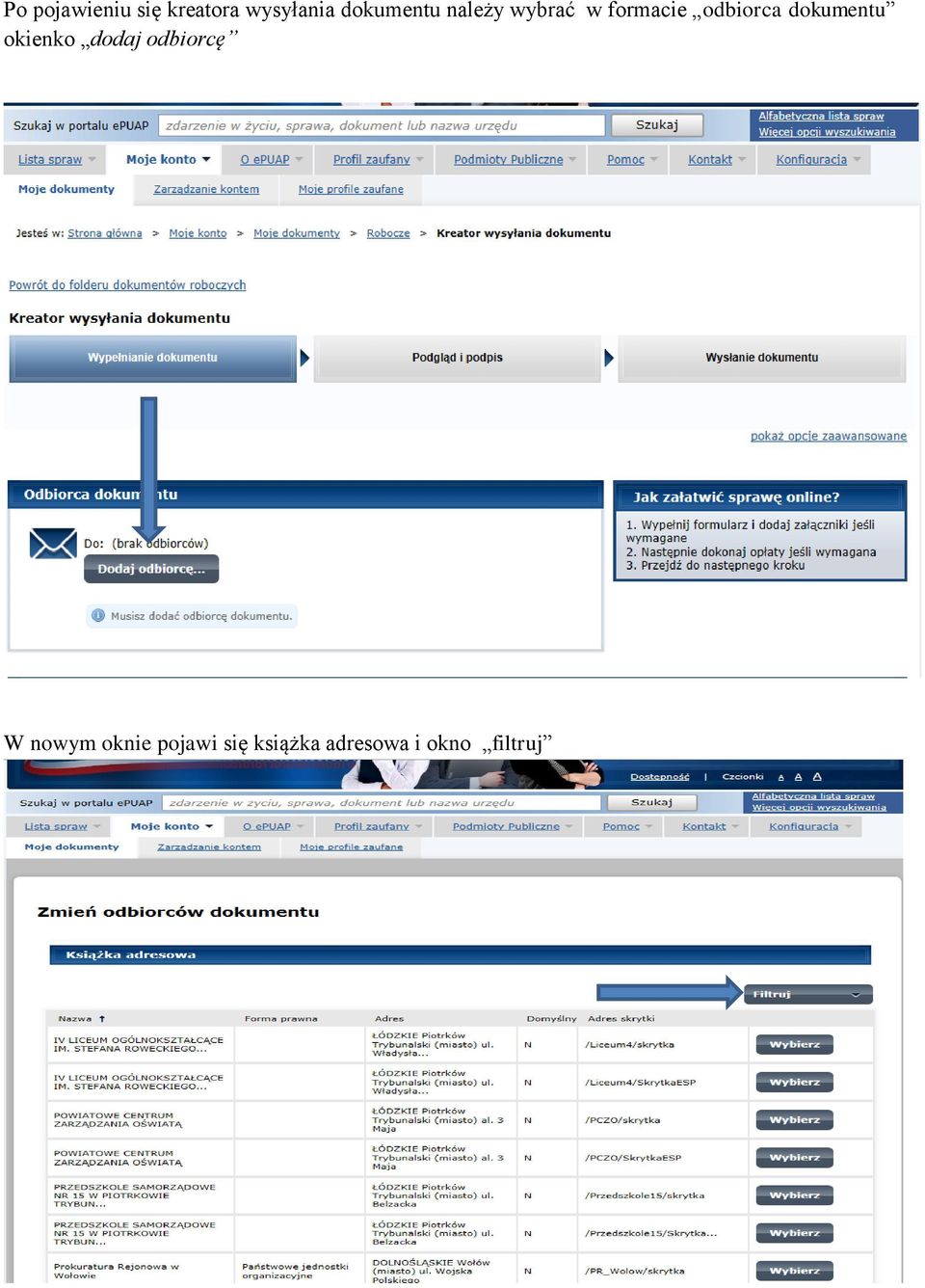 odbiorca dokumentu okienko dodaj odbiorcę