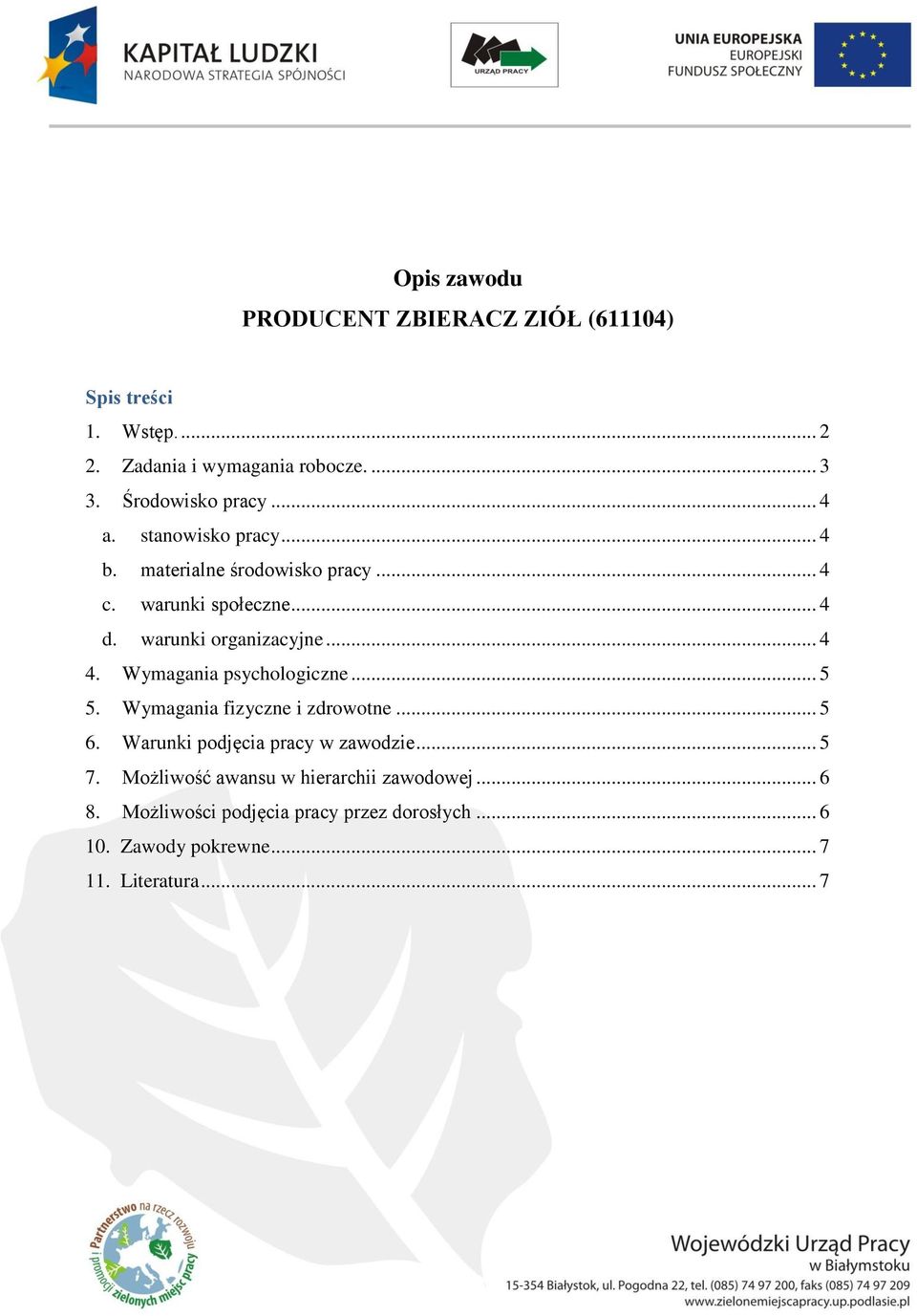 warunki organizacyjne... 4 4. Wymagania psychologiczne... 5 5. Wymagania fizyczne i zdrowotne... 5 6.