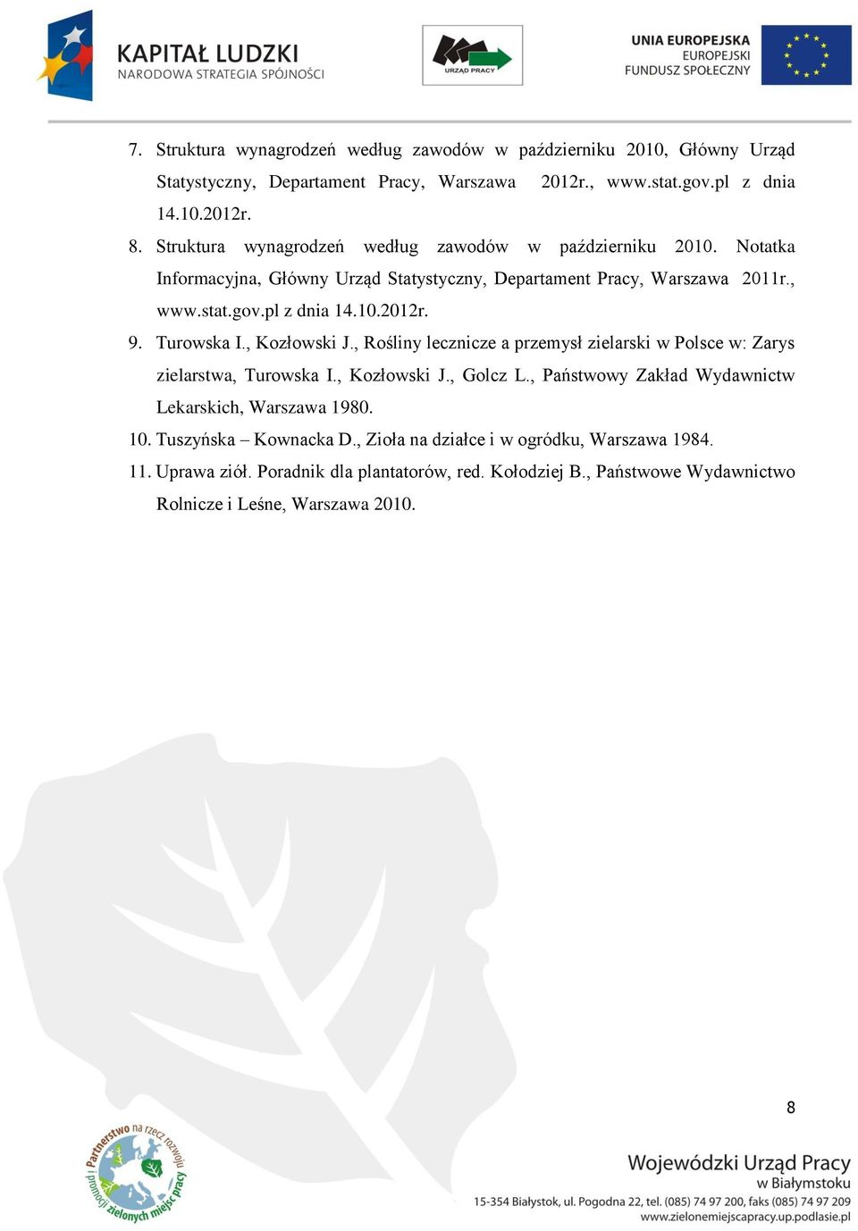Turowska I., Kozłowski J., Rośliny lecznicze a przemysł zielarski w Polsce w: Zarys zielarstwa, Turowska I., Kozłowski J., Golcz L.