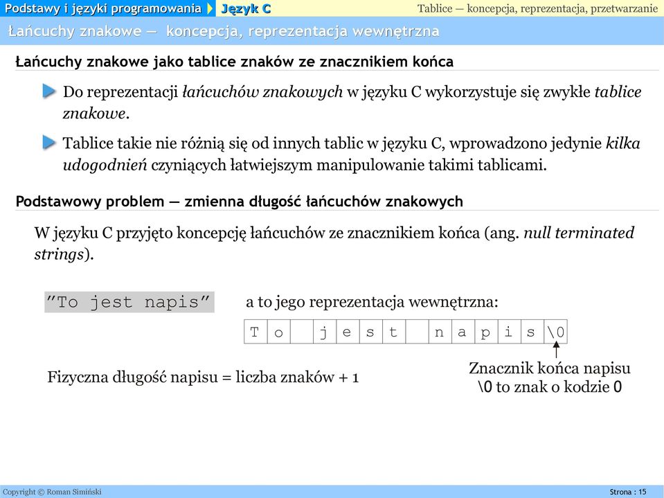 Tablice takie nie różnią się od innych tablic w języku C, wprowadzono jedynie kilka udogodnień czyniących łatwiejszym manipulowanie takimi tablicami.