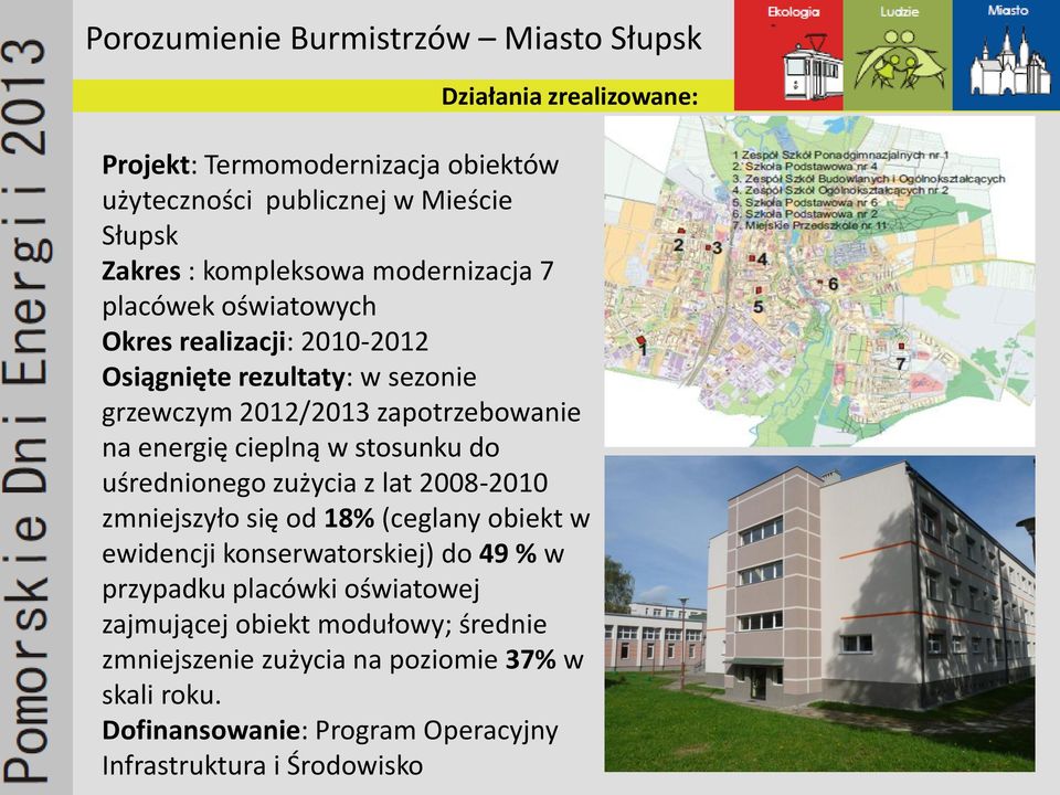 uśrednionego zużycia z lat 2008-2010 zmniejszyło się od 18% (ceglany obiekt w ewidencji konserwatorskiej) do 49 % w przypadku placówki oświatowej