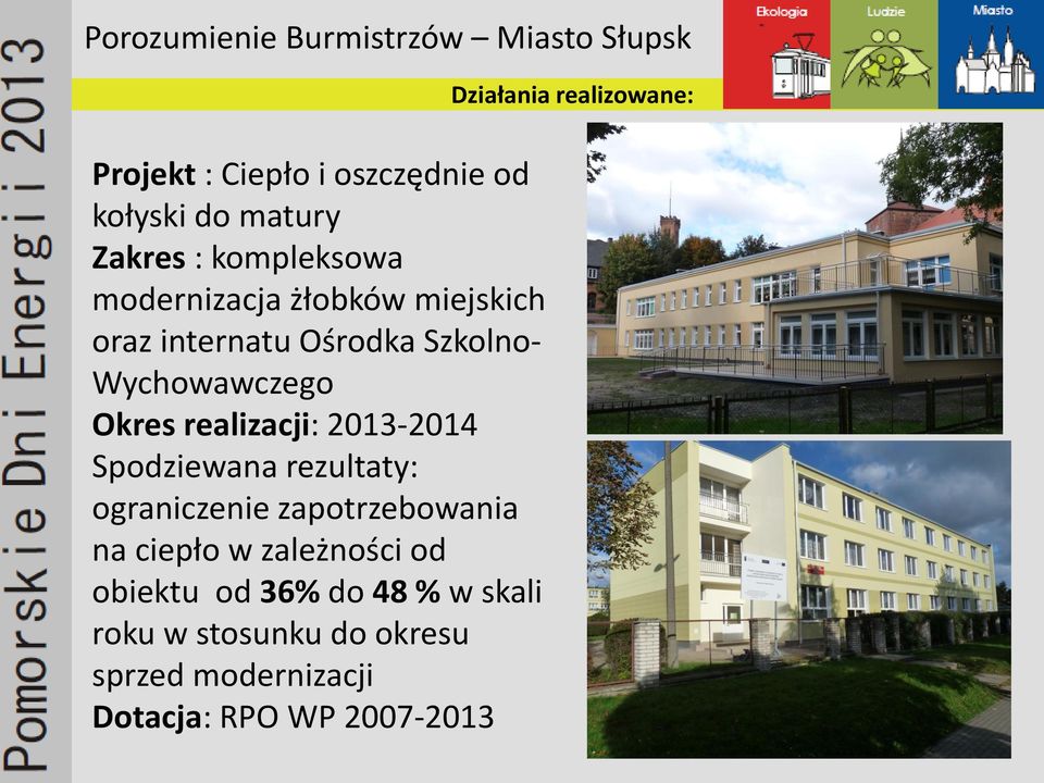 Spodziewana rezultaty: ograniczenie zapotrzebowania na ciepło w zależności od obiektu od 36%