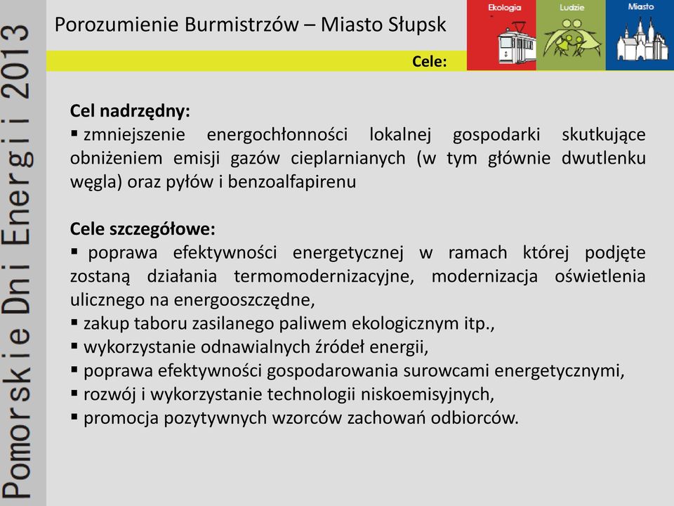 modernizacja oświetlenia ulicznego na energooszczędne, zakup taboru zasilanego paliwem ekologicznym itp.