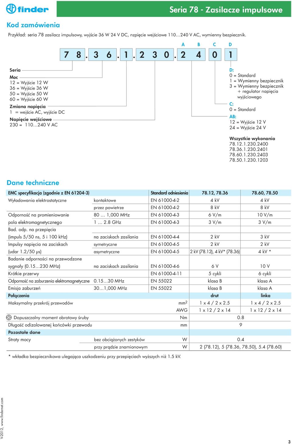 2 4 0 1 D: 0 = Standard 1 = Wymienny bezpiecznik 3 = Wymienny bezpiecznik + regulator napi cia wyjêciowego C: 0 = Standard AB: 12 = WyjÊcie 12 V 24 = WyjÊcie 24 V Wszystkie wykonania 78.12.1.230.