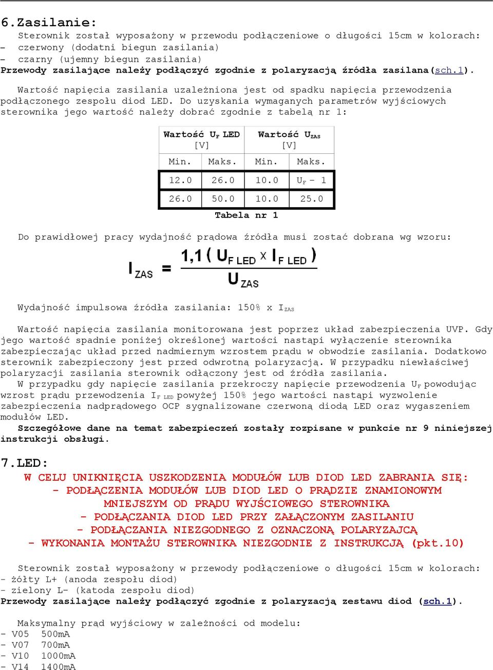 Do uzyskania wymaganych parametrów wyjściowych sterownika jego wartość należy dobrać zgodnie z tabelą nr 1: Wartość U F LED [V] Wartość U ZAS [V] Min. Maks. Min. Maks. 12.0 26.0 10.0 U F - 1 26.0 50.