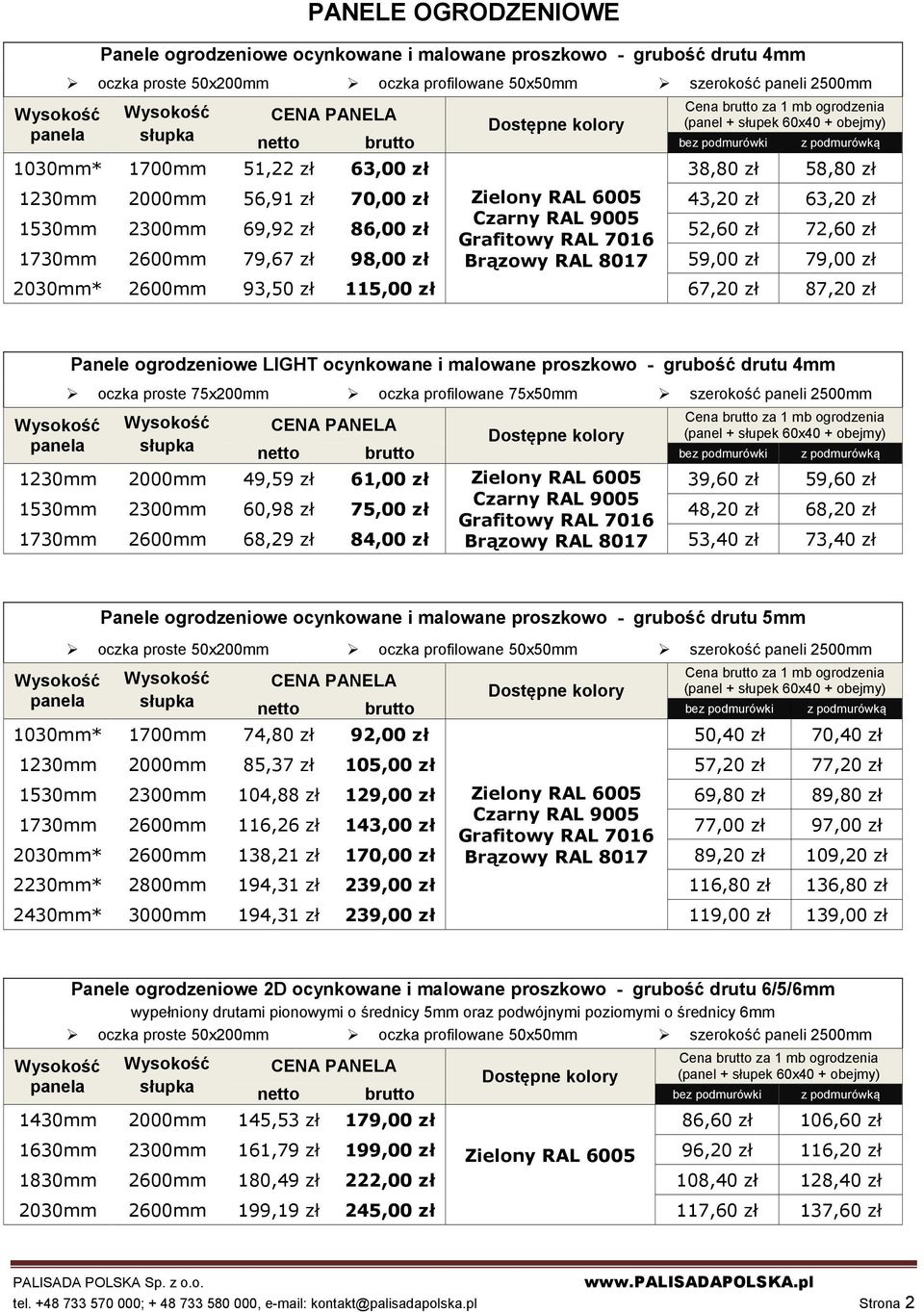 67,20 zł 87,20 zł Panele ogrodzeniowe LIGHT ocynkowane i malowane proszkowo - grubość drutu 4mm oczka proste 75x200mm oczka profilowane 75x50mm szerokość paneli 2500mm (panel + słupek 60x40 + obejmy)