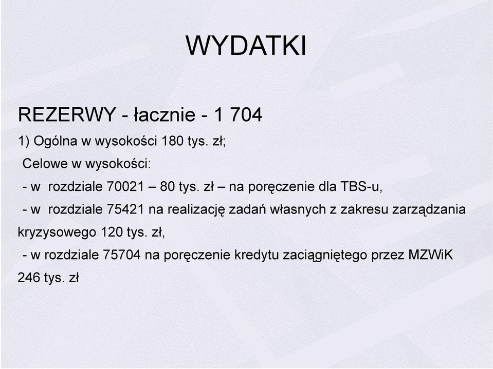 zł na poręczenie dla TBS-u, - w rozdziale 75421 na realizację zadań własnych z