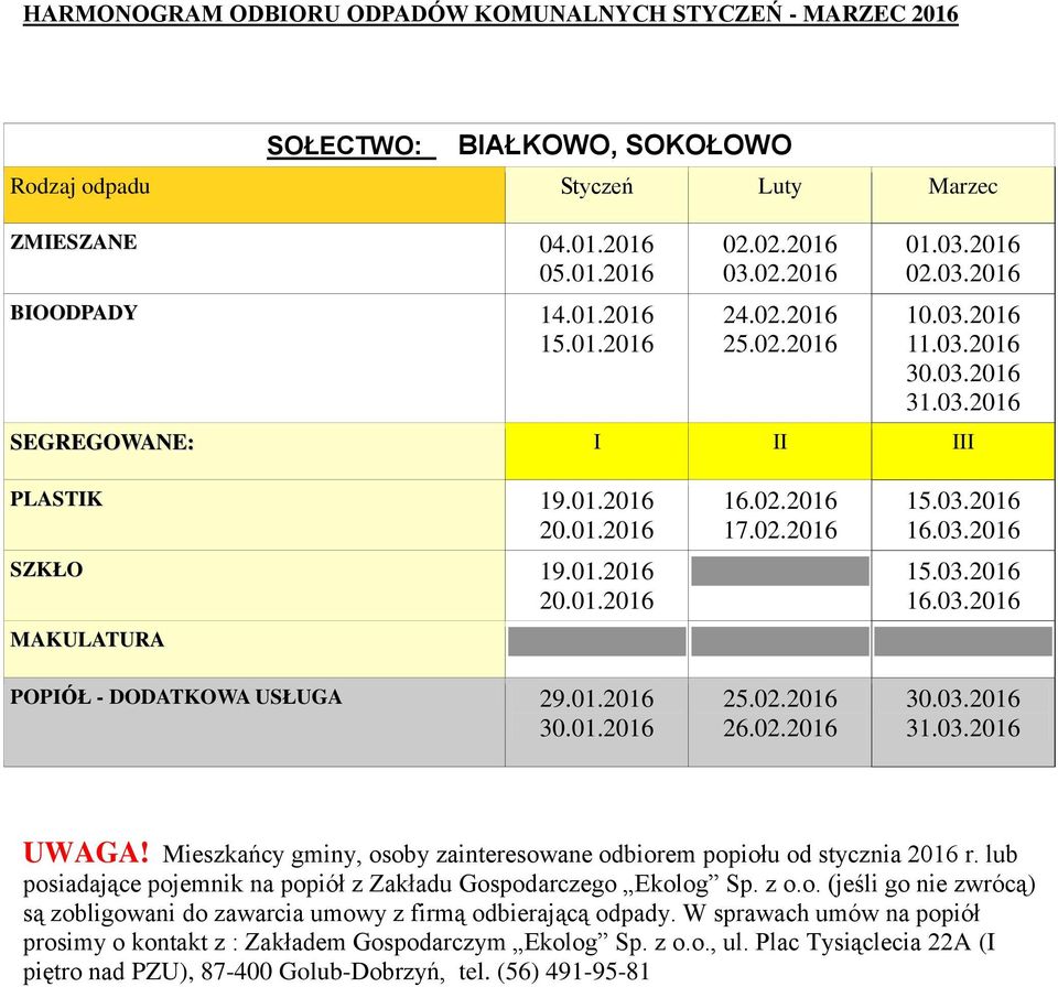 01.2016 SZKŁO 19.01.2016 20.01.2016 16.02.2016 17.02.2016 15.