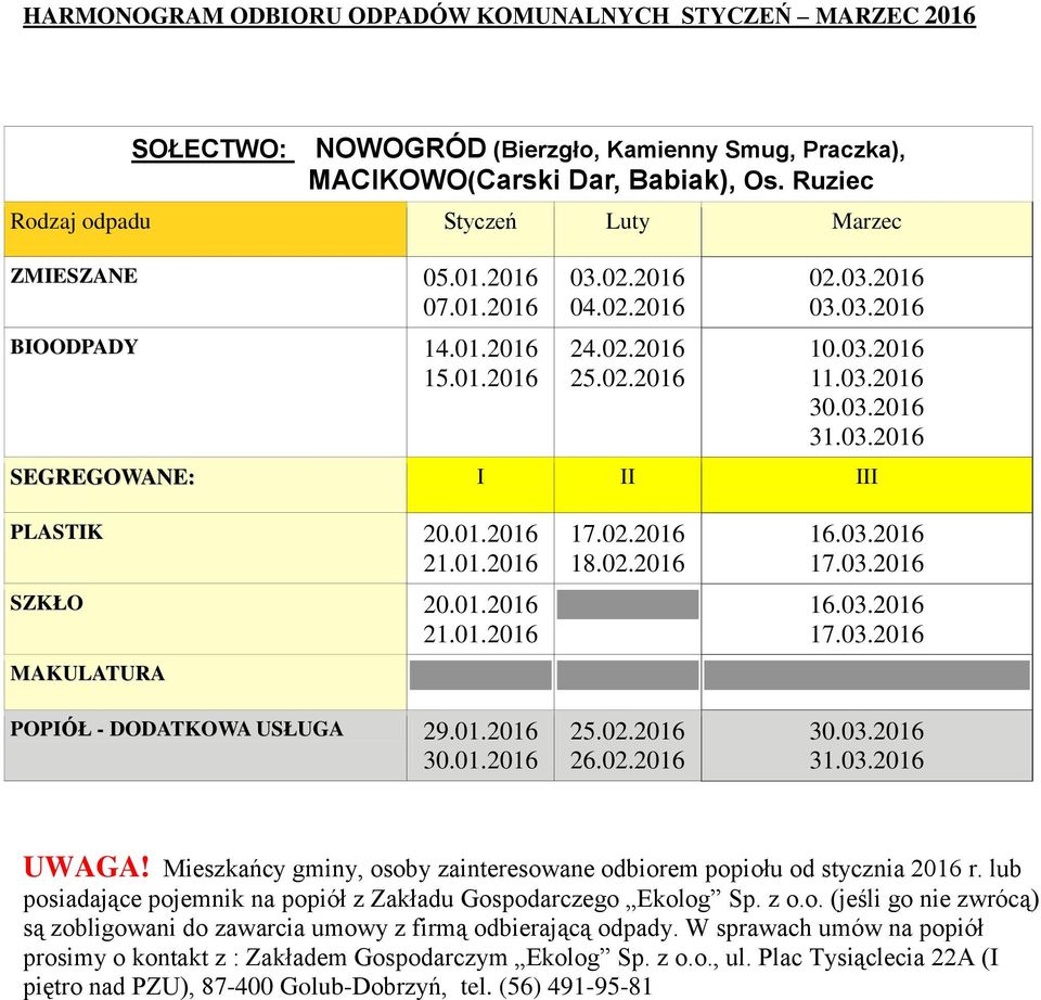 Ruziec ZMIESZANE 05.01.2016 07.01.2016 03.02.2016 04.02.2016 02.03.2016 03.03.2016 PLASTIK 20.