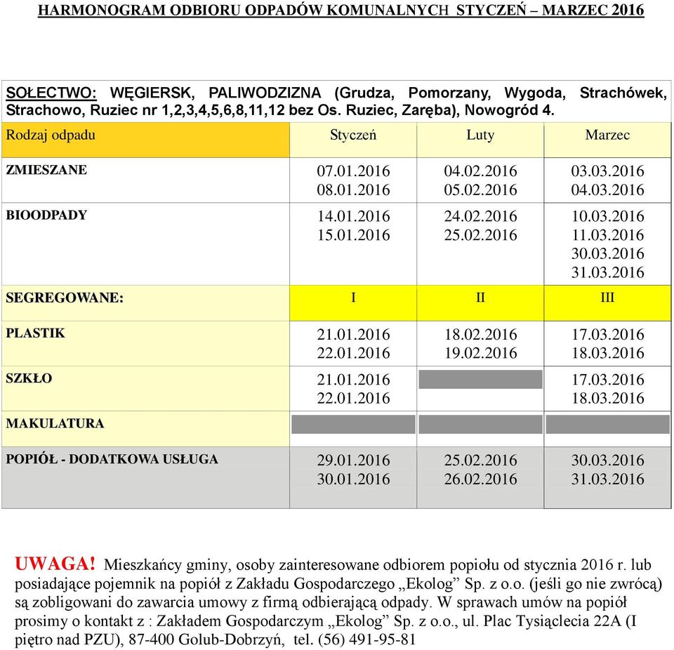 Ruziec, Zaręba), Nowogród 4. ZMIESZANE 07.01.2016 08.01.2016 04.02.2016 05.02.2016 03.03.2016 04.03.2016 PLASTIK 21.