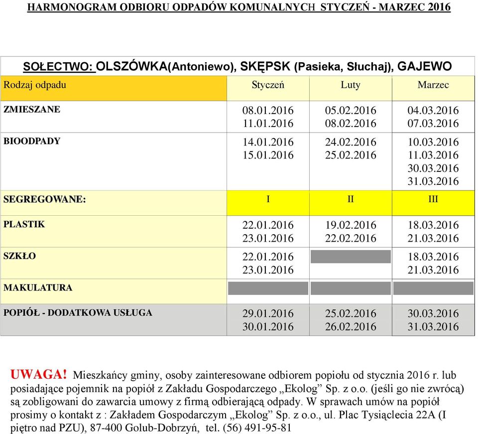 2016 07.03.2016 PLASTIK 22.01.2016 23.01.2016 SZKŁO 22.01.2016 23.01.2016 19.