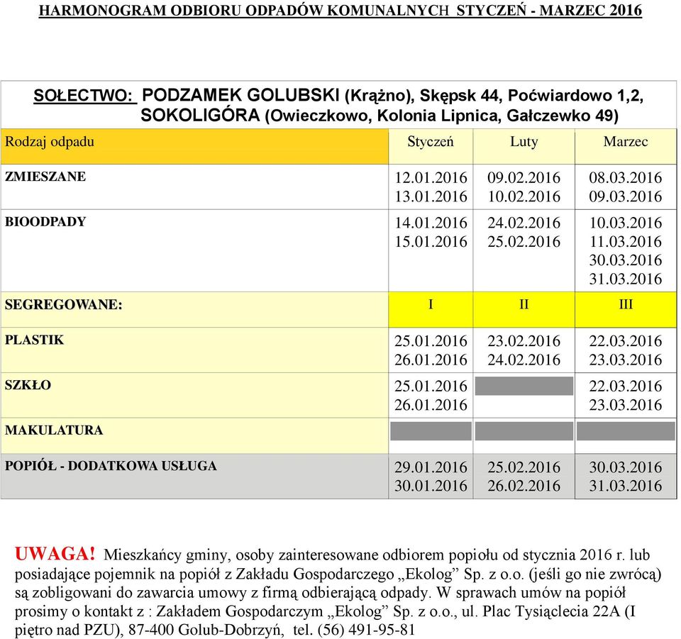 02.2016 10.02.2016 08.03.2016 09.03.2016 PLASTIK 25.01.2016 26.01.2016 SZKŁO 25.