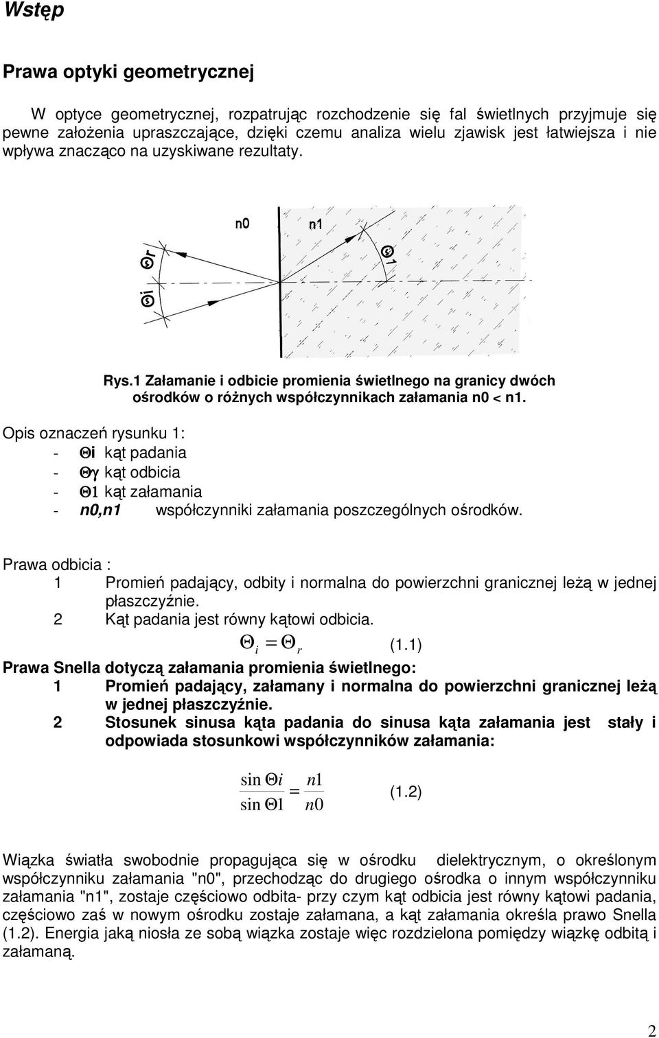 Opis oznaczeń rysunku 1: - Θi kąt padania - Θγ kąt odbicia - Θ1 kąt załamania - n0,n1 współczynniki załamania poszczególnych ośrodków.