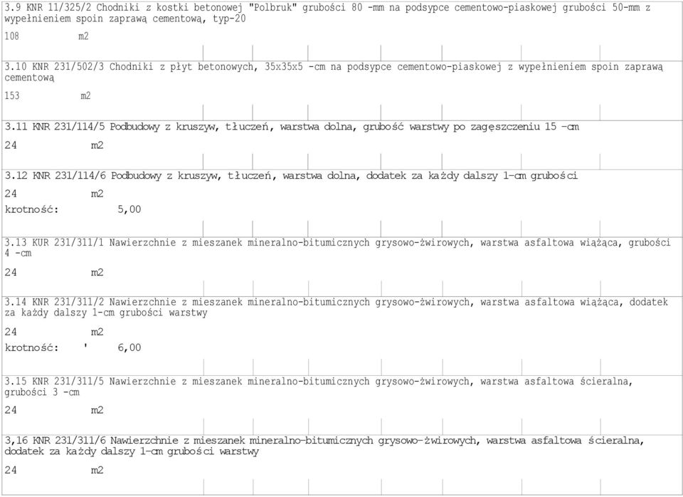 11 KNR 231/114/5 Podbudowy z kruszyw, tłuczeń, warstwa dolna, grubość warstwy po zagęszczeniu 15 -cm 3.