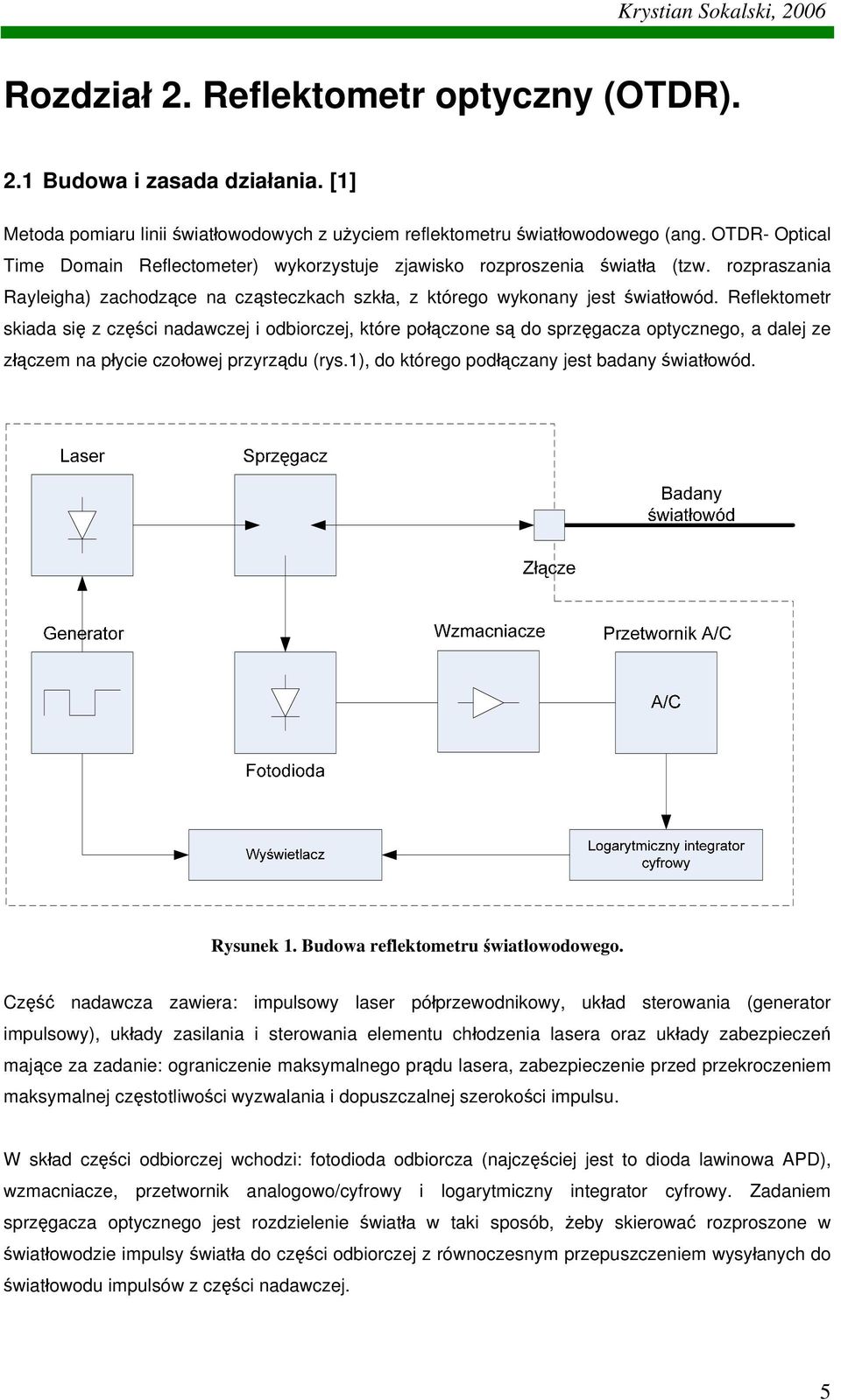 Reflektometr skiada się z części nadawczej i odbiorczej, które połączone są do sprzęgacza optycznego, a dalej ze złączem na płycie czołowej przyrządu (rys.