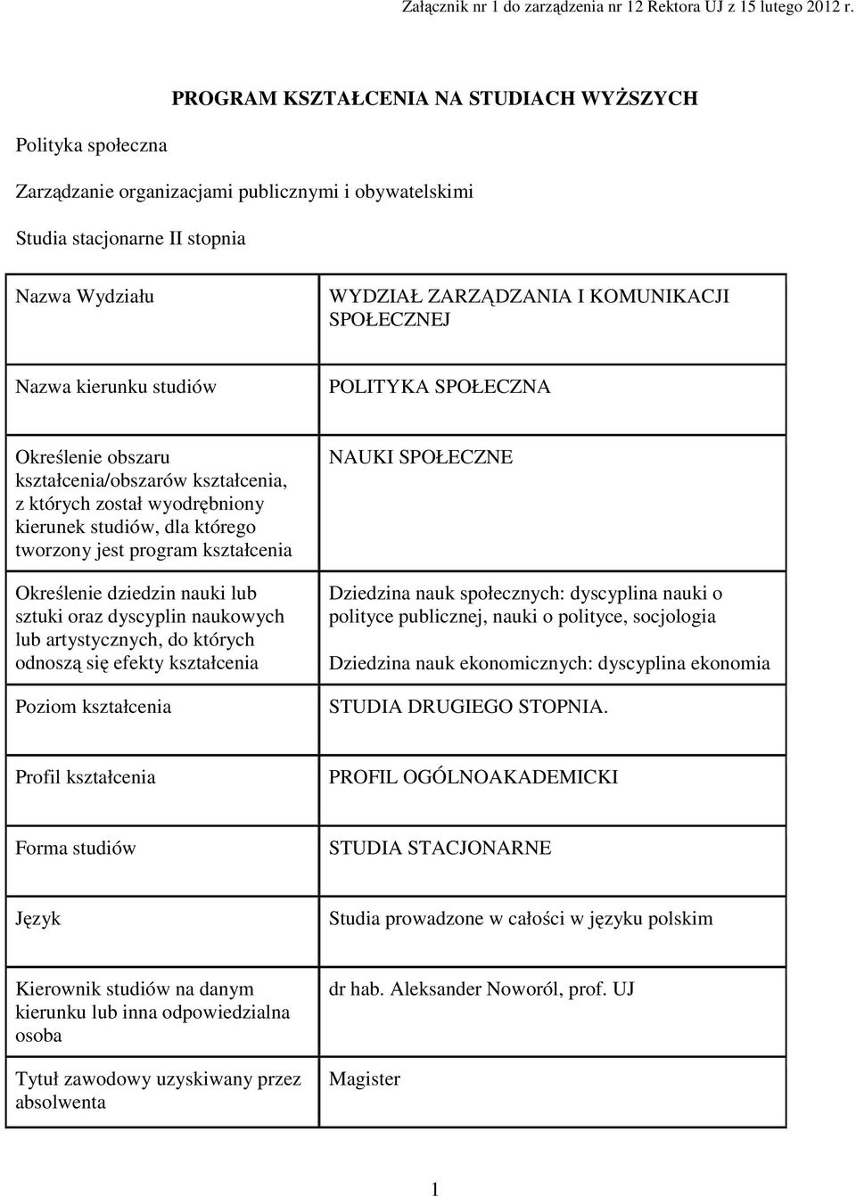 SPOŁECZNEJ Nazwa kierunku studiów POLITYKA SPOŁECZNA Określenie obszaru kształcenia/obszarów kształcenia, z których został wyodrębniony kierunek studiów, dla którego tworzony jest program kształcenia