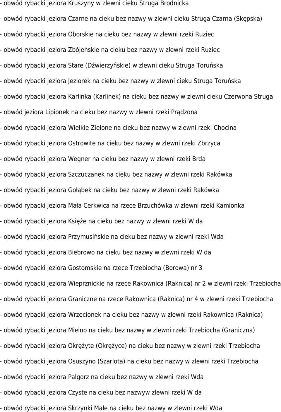 jeziora Jeziorek na cieku bez nazwy w zlewni cieku Struga Toruńska - obwód rybacki jeziora Karlinka (Karlinek) na cieku bez nazwy w zlewni cieku Czerwona Struga - obwód jeziora Lipionek na cieku bez