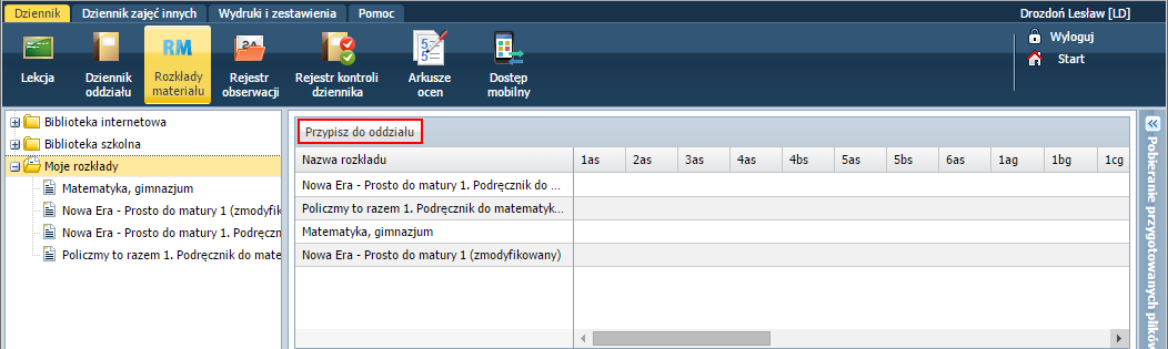 UONET+. Praca z rozkładami materiału nauczania 8/11 3. W oknie komunikatu o poprawnym wykonaniu operacji kliknij przycisk OK. Rozkład pojawi się w drzewie danych, w gałęzi Biblioteka szkolna.