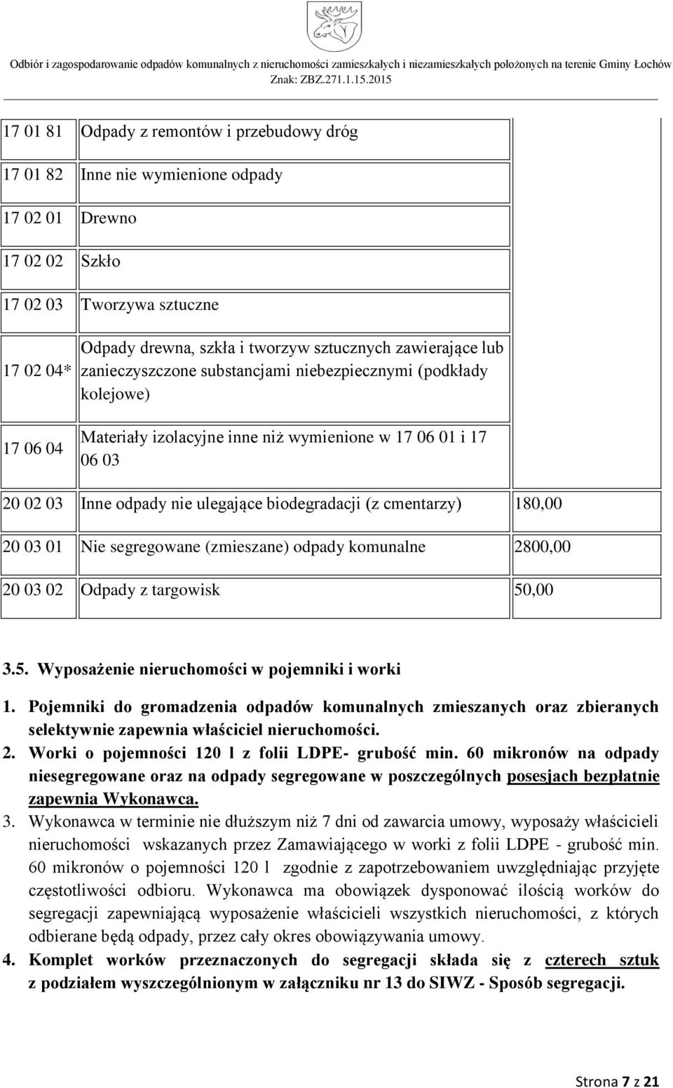 biodegradacji (z cmentarzy) 180,00 20 03 01 Nie segregowane (zmieszane) odpady komunalne 2800,00 20 03 02 Odpady z targowisk 50,00 3.5. Wyposażenie nieruchomości w pojemniki i worki 1.