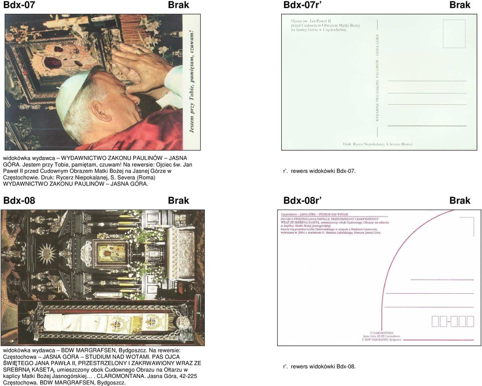 rewers widokówki Bdx-07. Bdx-08 Brak Bdx-08r Brak widokówka wydawca BDW MARGRAFSEN, Bydgoszcz. Na rewersie: Częstochowa JASNA GÓRA STUDIUM NAD WOTAMI.