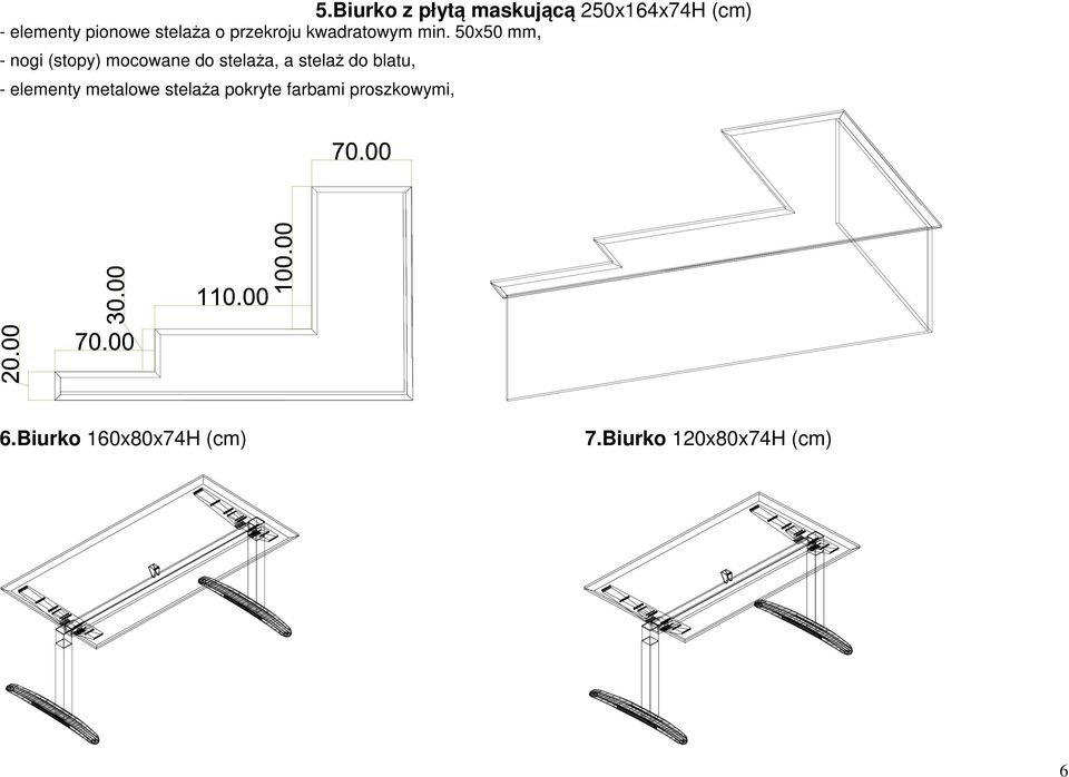 50x50 mm, - nogi (stopy) mocowane do stelaża, a stelaż do blatu, -