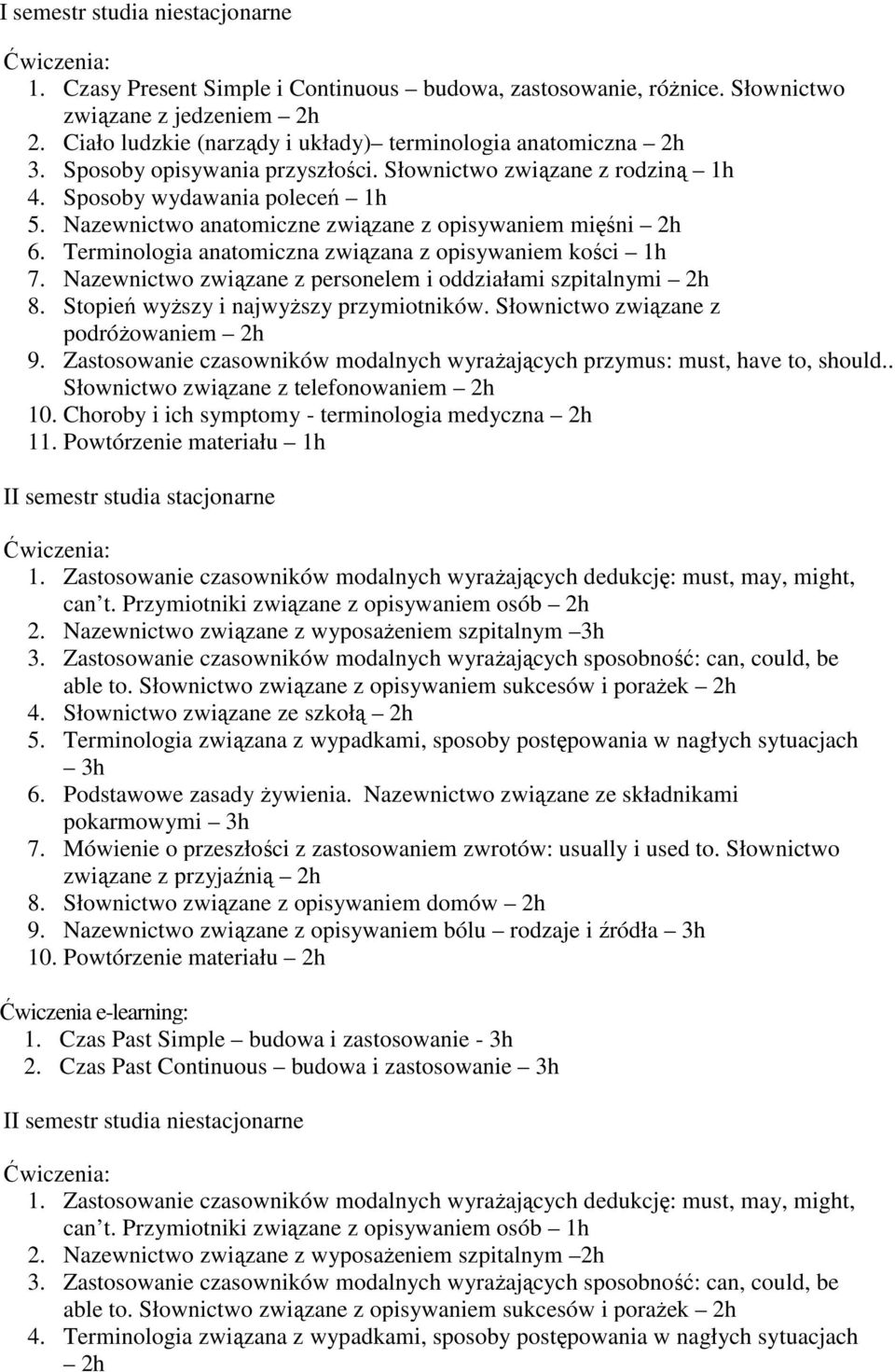 Nazewnictwo anatomiczne związane z opisywaniem mięśni 2h 6. Terminologia anatomiczna związana z opisywaniem kości 1h 7. Nazewnictwo związane z personelem i oddziałami szpitalnymi 2h 8.