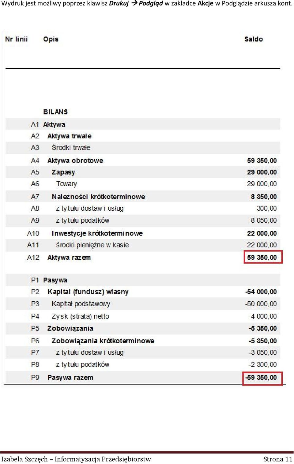 Podgląd w zakładce Akcje