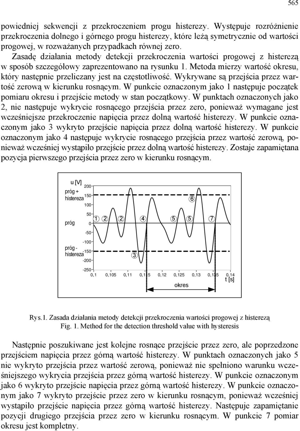 Zasadę działania metody detekcji przekroczenia wartości progowej z histerezą w sposób szczegółowy zaprezentowano na rysunku 1.