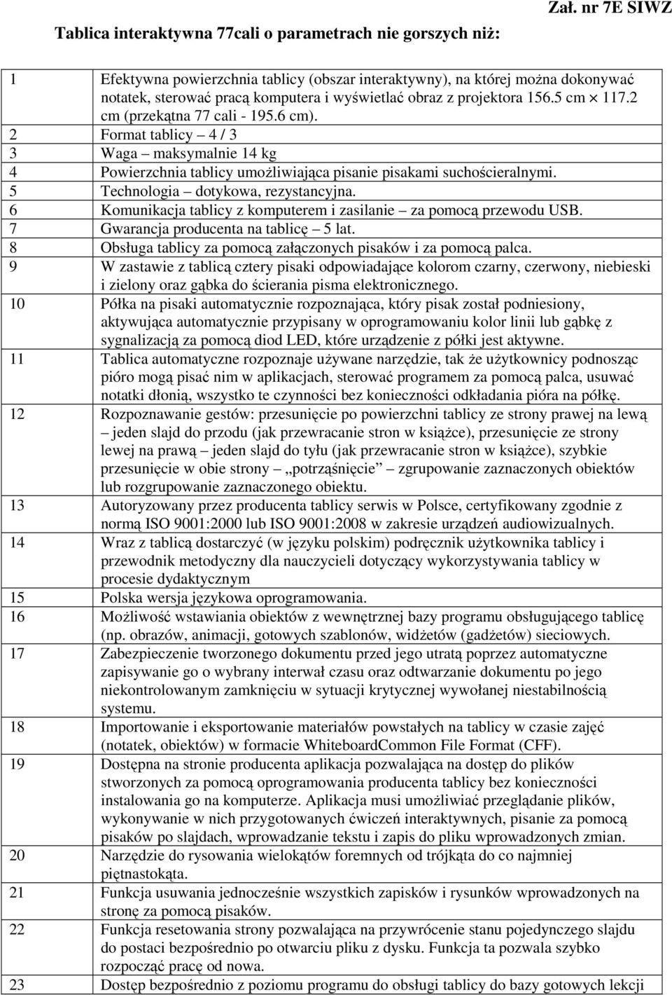2 cm (przekątna 77 cali - 195.6 cm). 2 Format tablicy 4 / 3 3 Waga maksymalnie 14 kg 4 Powierzchnia tablicy umożliwiająca pisanie pisakami suchościeralnymi. 5 Technologia dotykowa, rezystancyjna.